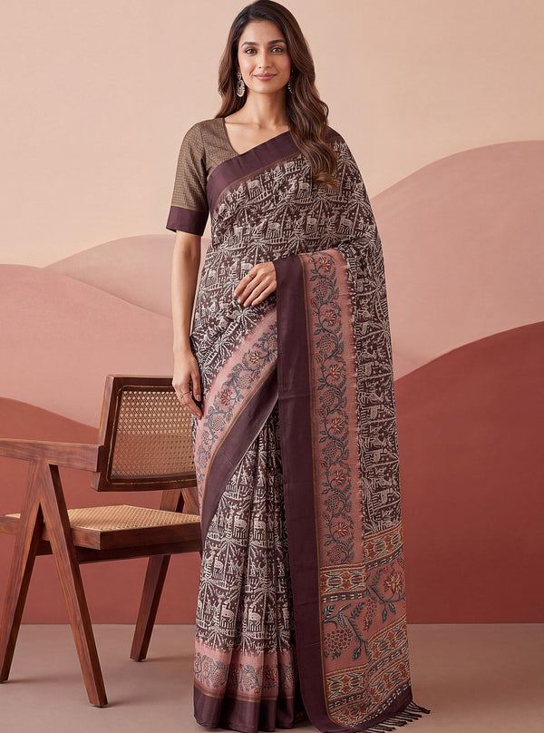 Majestic Brown Printed Silk Festival Wear Saree With Blouse