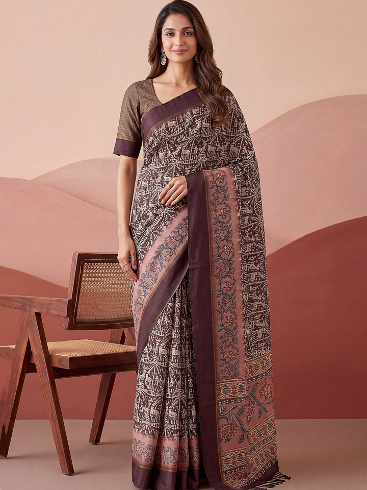 Majestic Brown Printed Silk Festival Wear Saree With Blouse