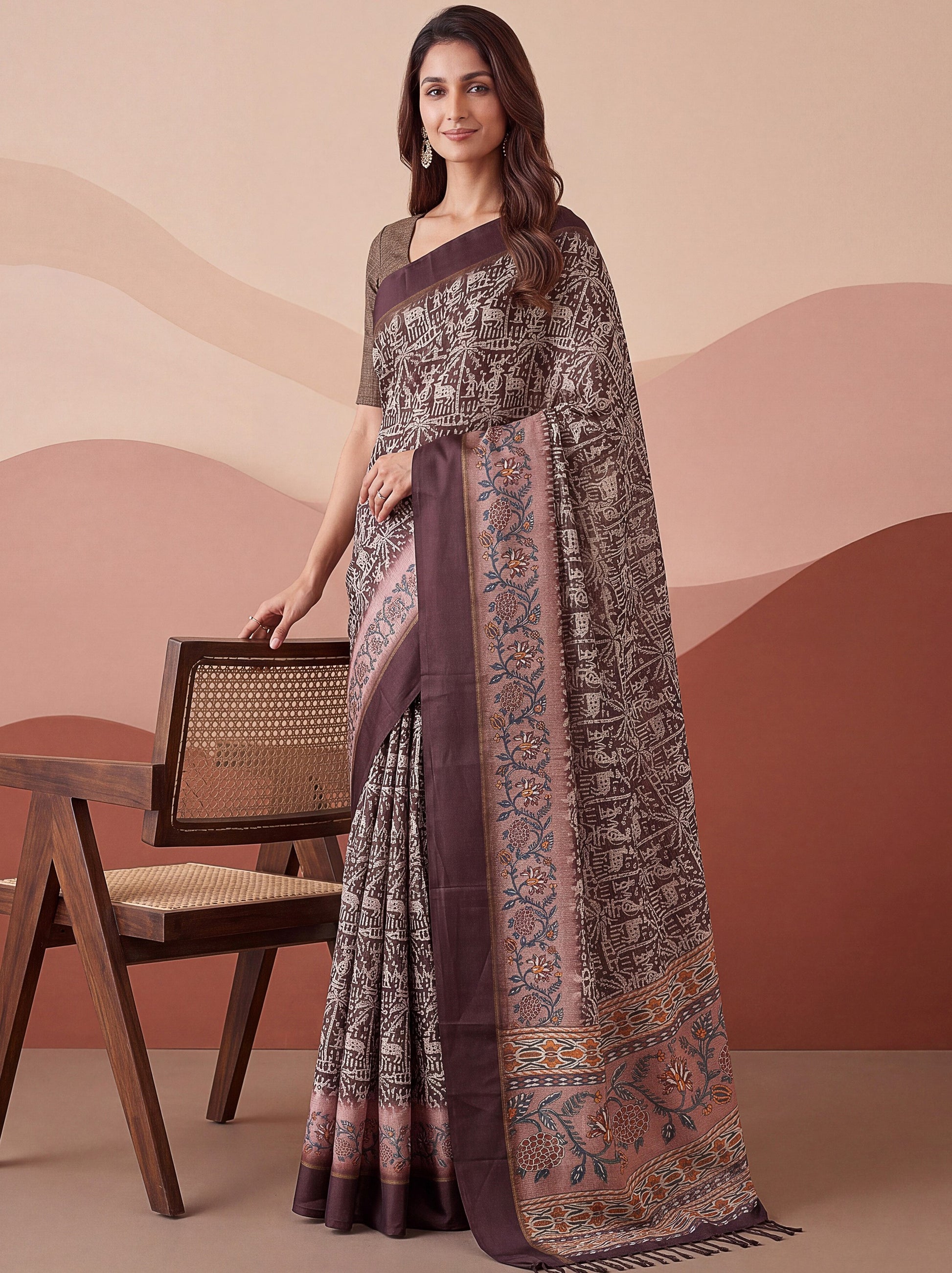 Majestic Brown Printed Silk Festival Wear Saree With Blouse