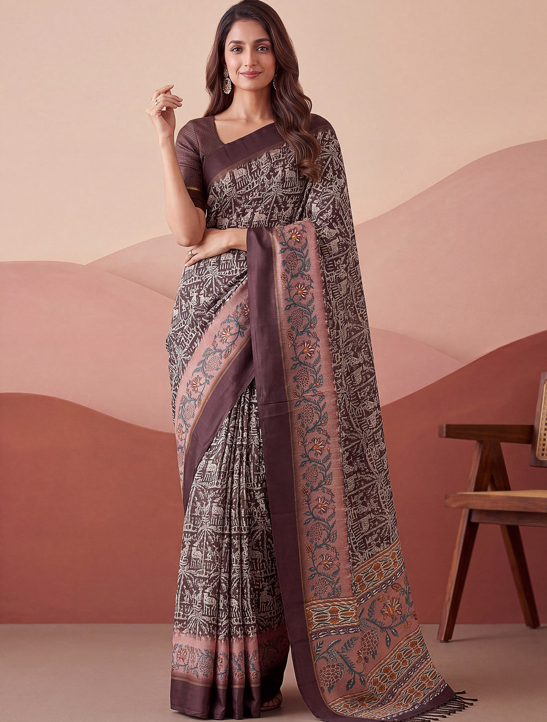 Majestic Brown Printed Silk Festival Wear Saree With Blouse