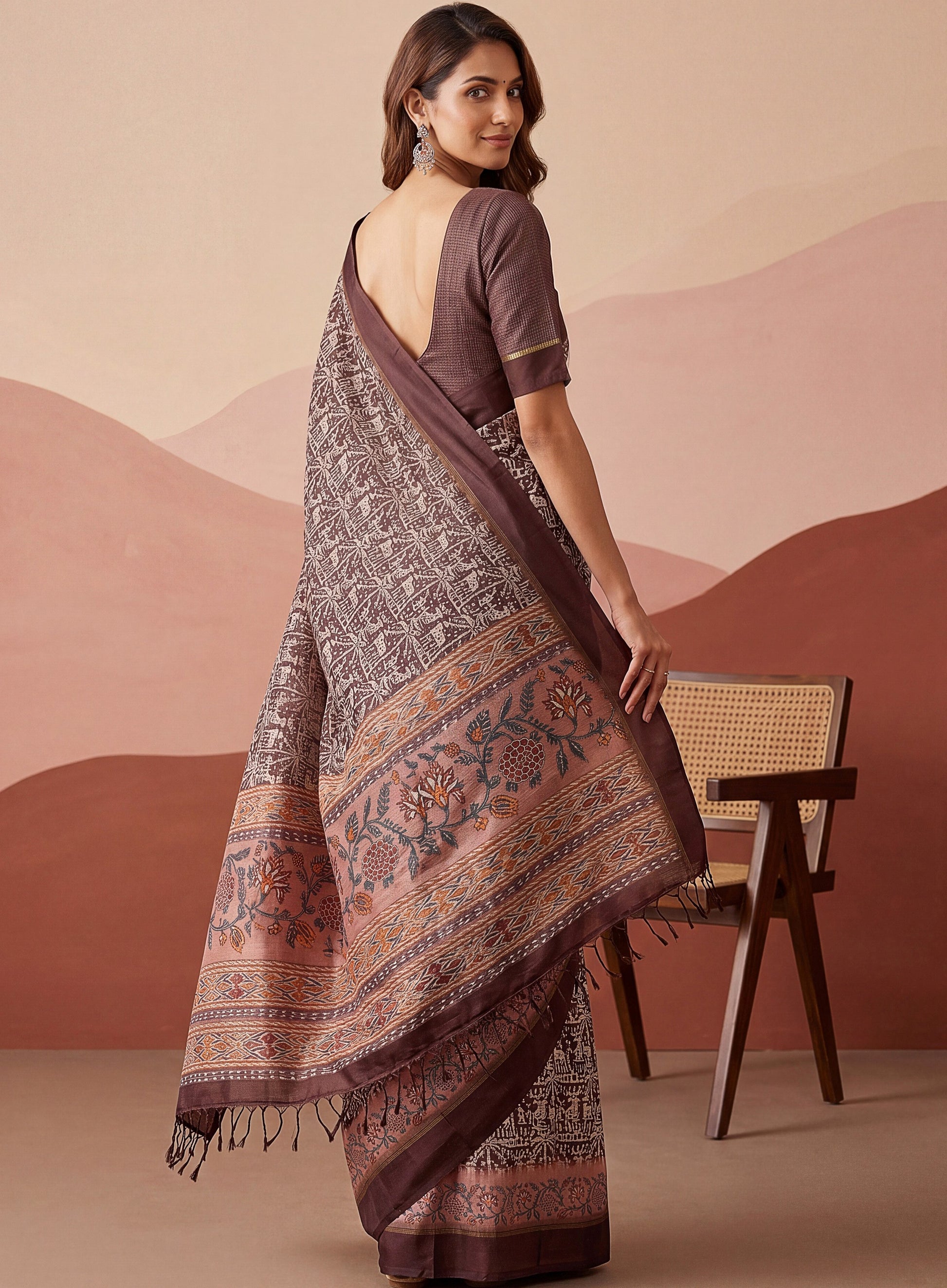 Majestic Brown Printed Silk Festival Wear Saree With Blouse