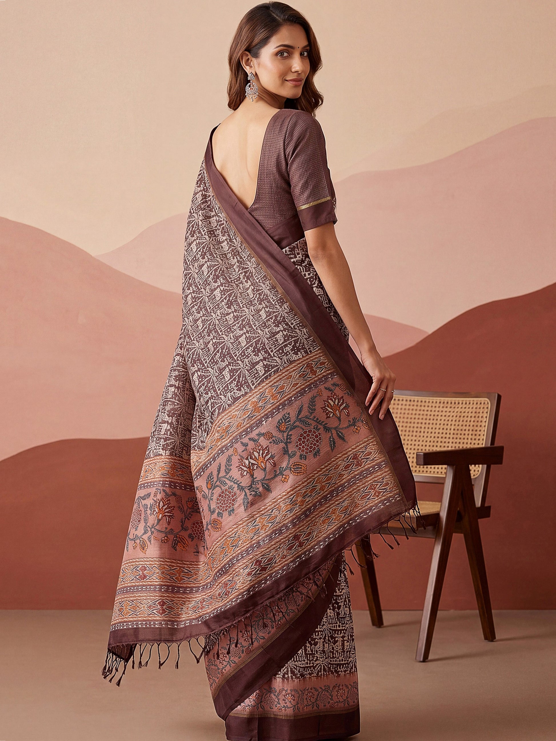 Majestic Brown Printed Silk Festival Wear Saree With Blouse