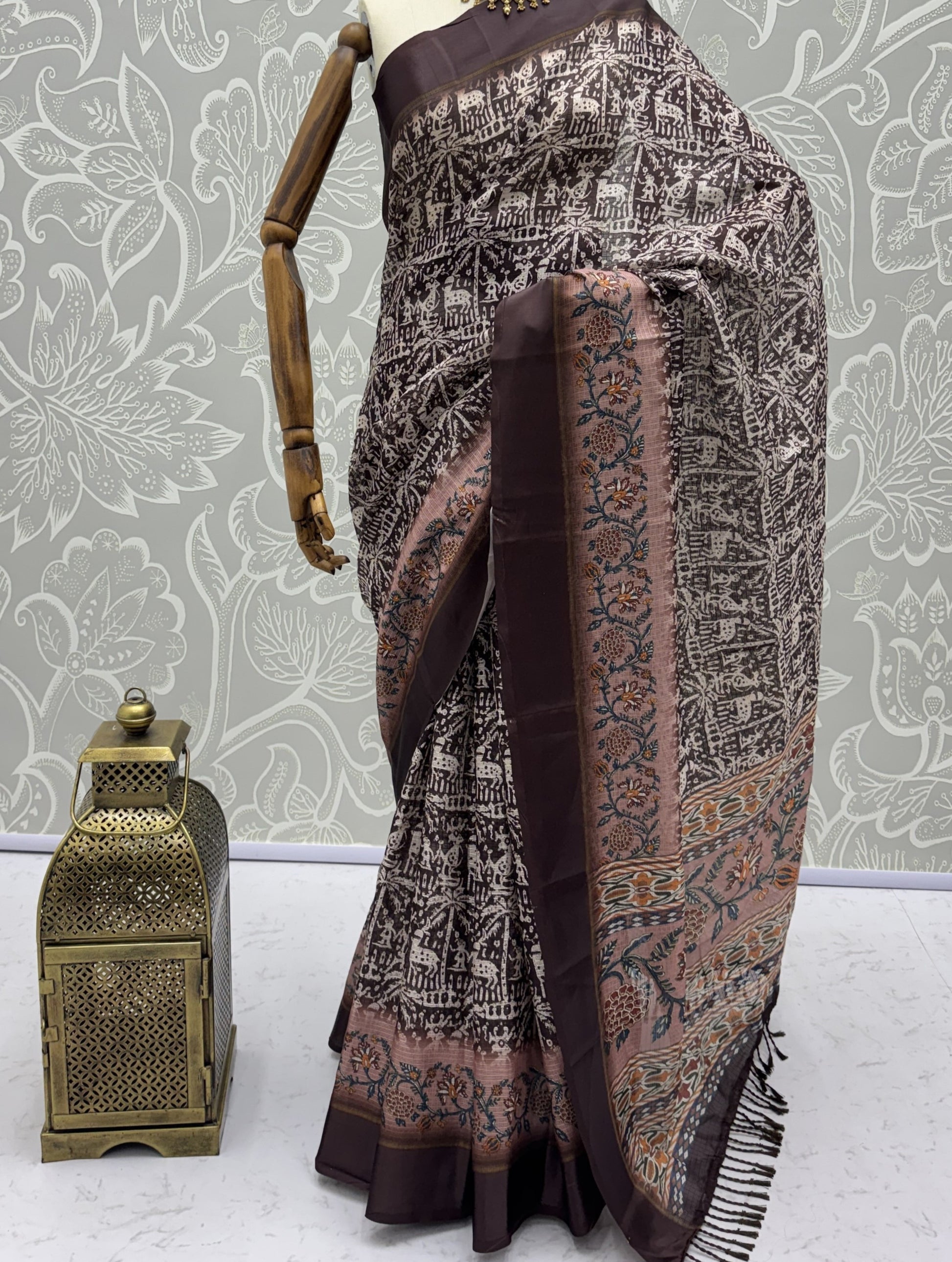 Majestic Brown Printed Silk Festival Wear Saree With Blouse