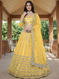 Alluring Yellow Foil Work Net Haldi Wear Lehenga Choli With Dupatta