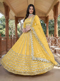 Alluring Yellow Foil Work Net Haldi Wear Lehenga Choli With Dupatta