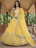 Alluring Yellow Foil Work Net Haldi Wear Lehenga Choli With Dupatta