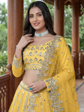 Alluring Yellow Foil Work Net Haldi Wear Lehenga Choli With Dupatta