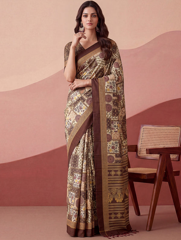 Majestic Brown Dori-Work Silk Daily Wear Saree With Blouse