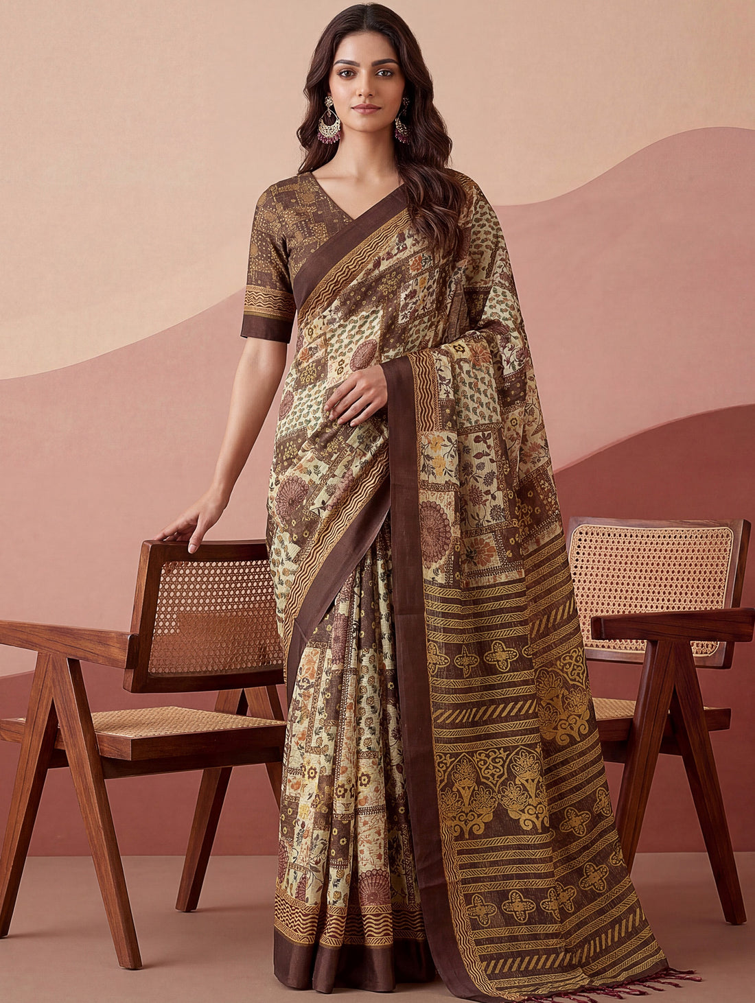 Majestic Brown Dori-Work Silk Daily Wear Saree With Blouse
