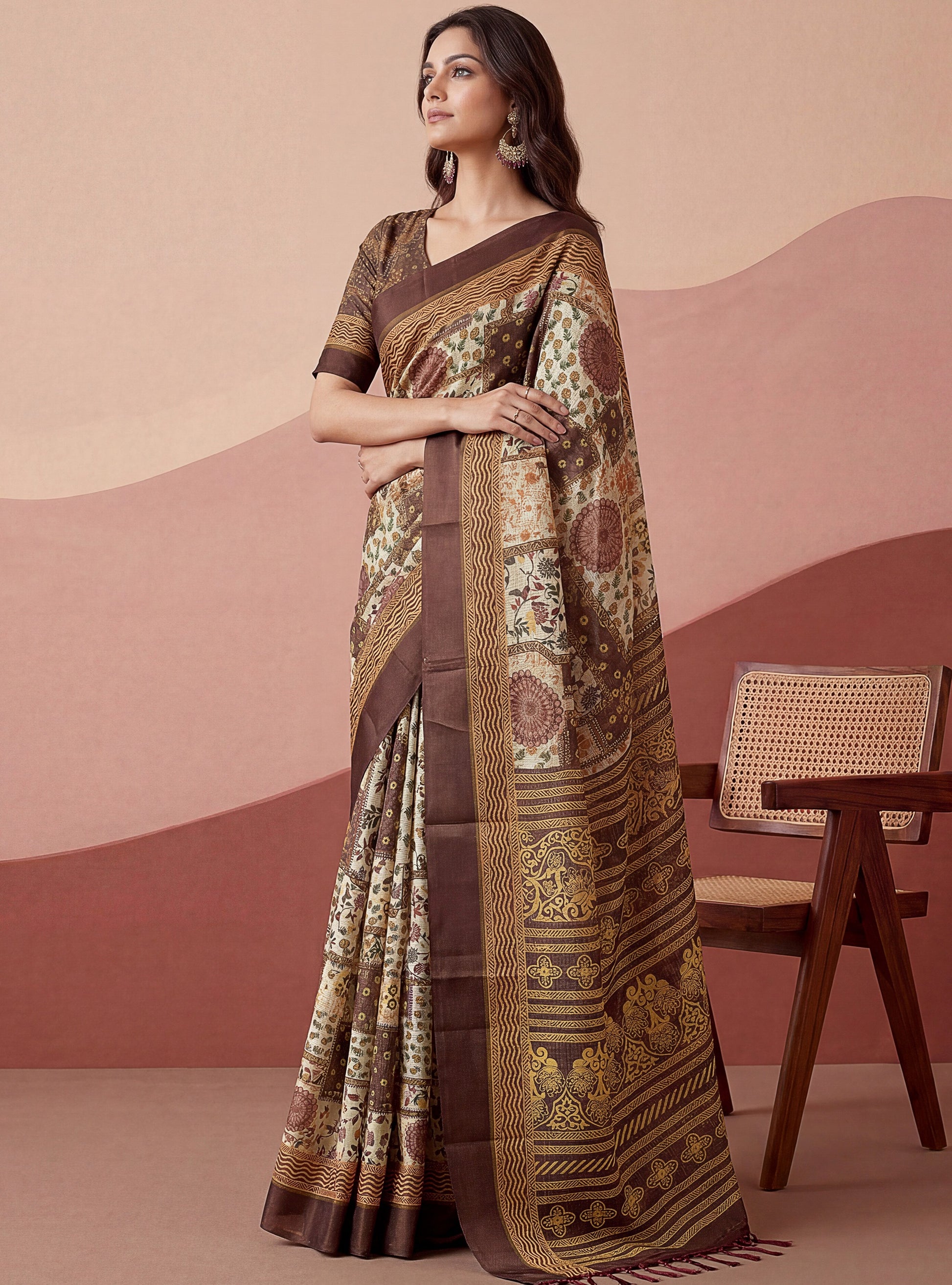 Majestic Brown Dori-Work Silk Daily Wear Saree With Blouse