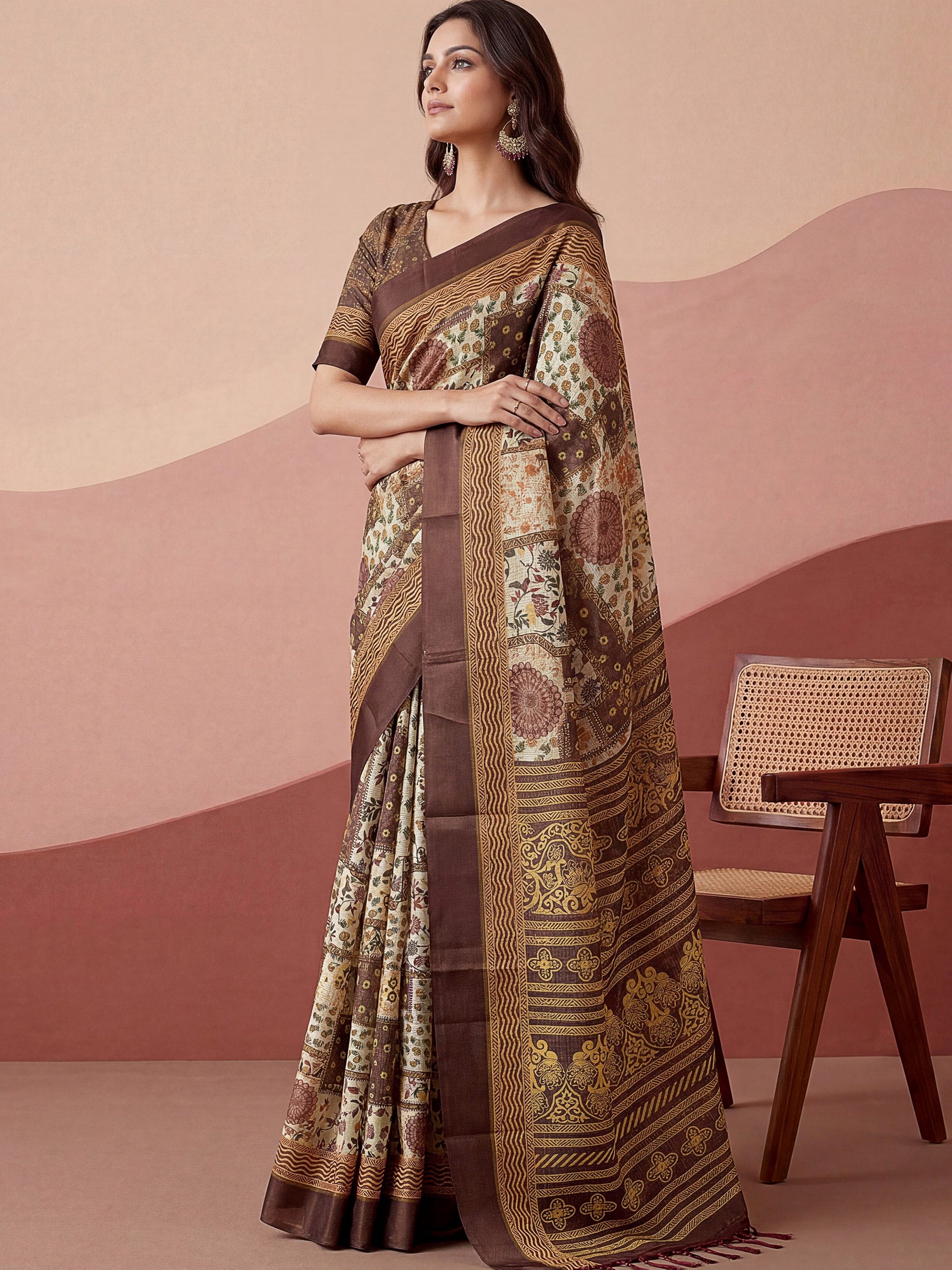 Majestic Brown Dori-Work Silk Daily Wear Saree With Blouse
