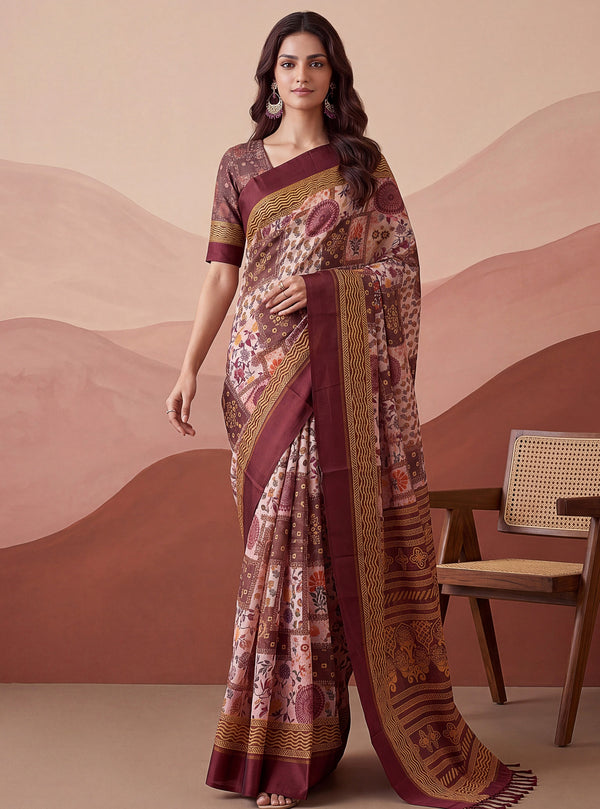 Incredible Mauve Printed Silk Casual Wear Saree With Blouse