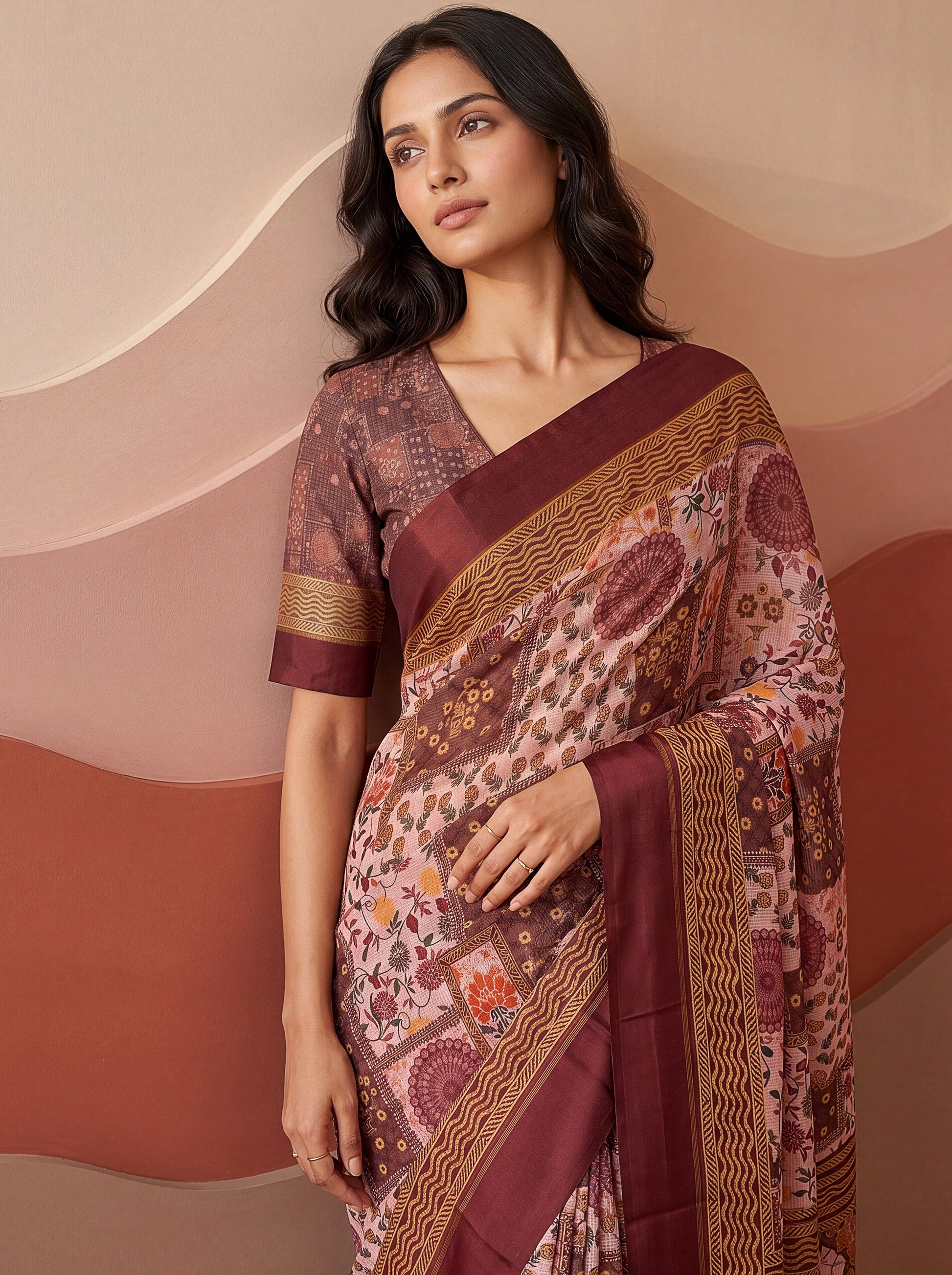 Incredible Mauve Printed Silk Casual Wear Saree With Blouse