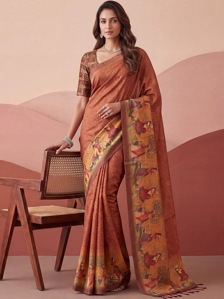 Glamorous Rust Brown Printed Silk Office  Wear Saree With Blouse