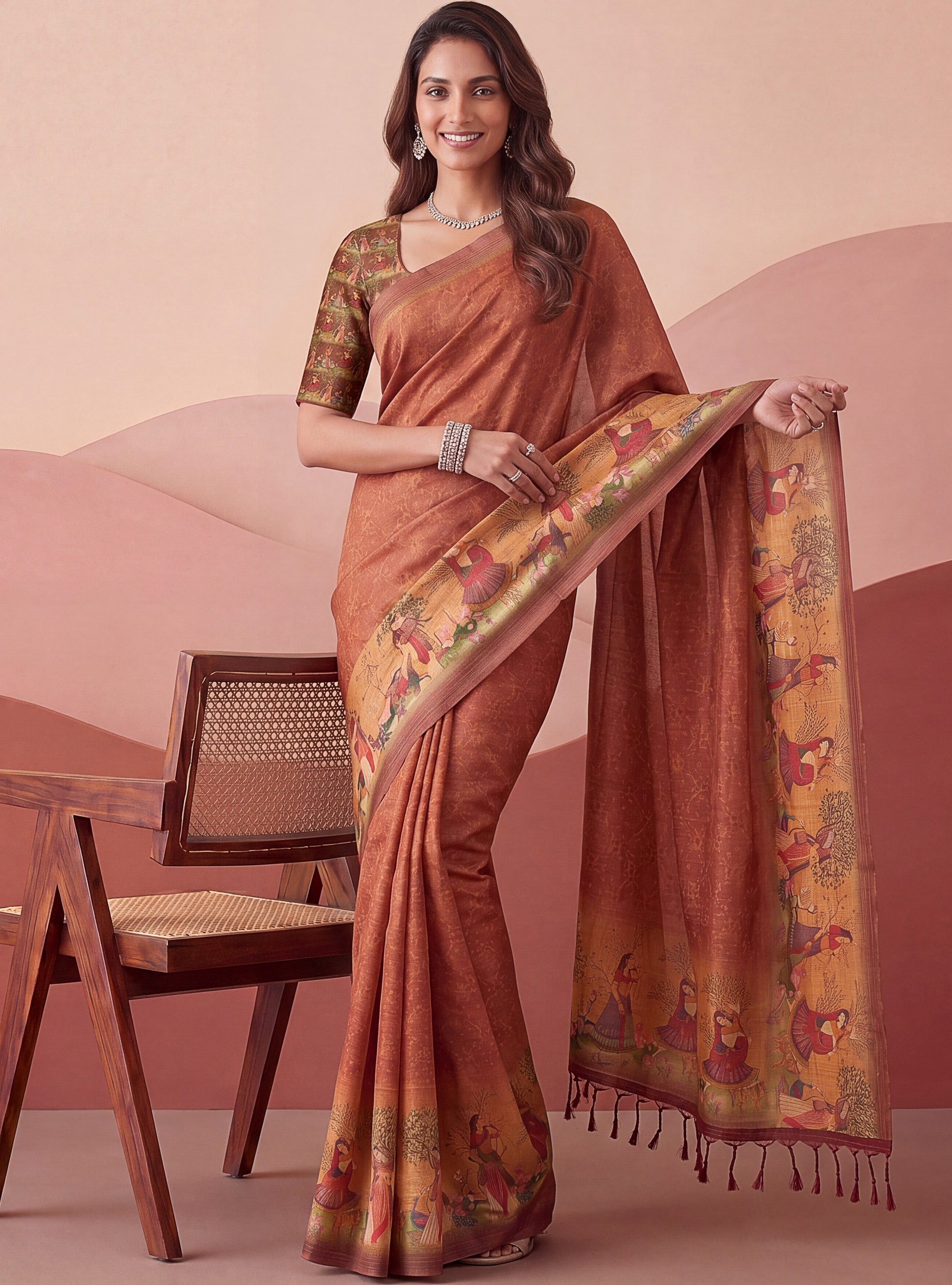Glamorous Rust Brown Printed Silk Office  Wear Saree With Blouse