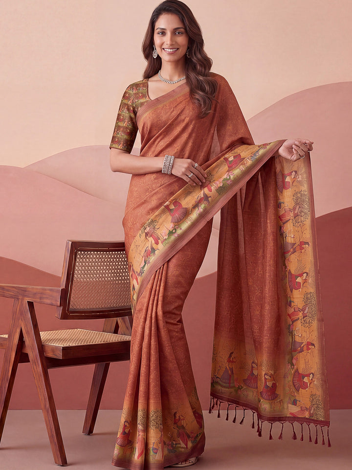 Glamorous Rust Brown Printed Silk Office  Wear Saree With Blouse