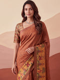 Glamorous Rust Brown Printed Silk Office  Wear Saree With Blouse