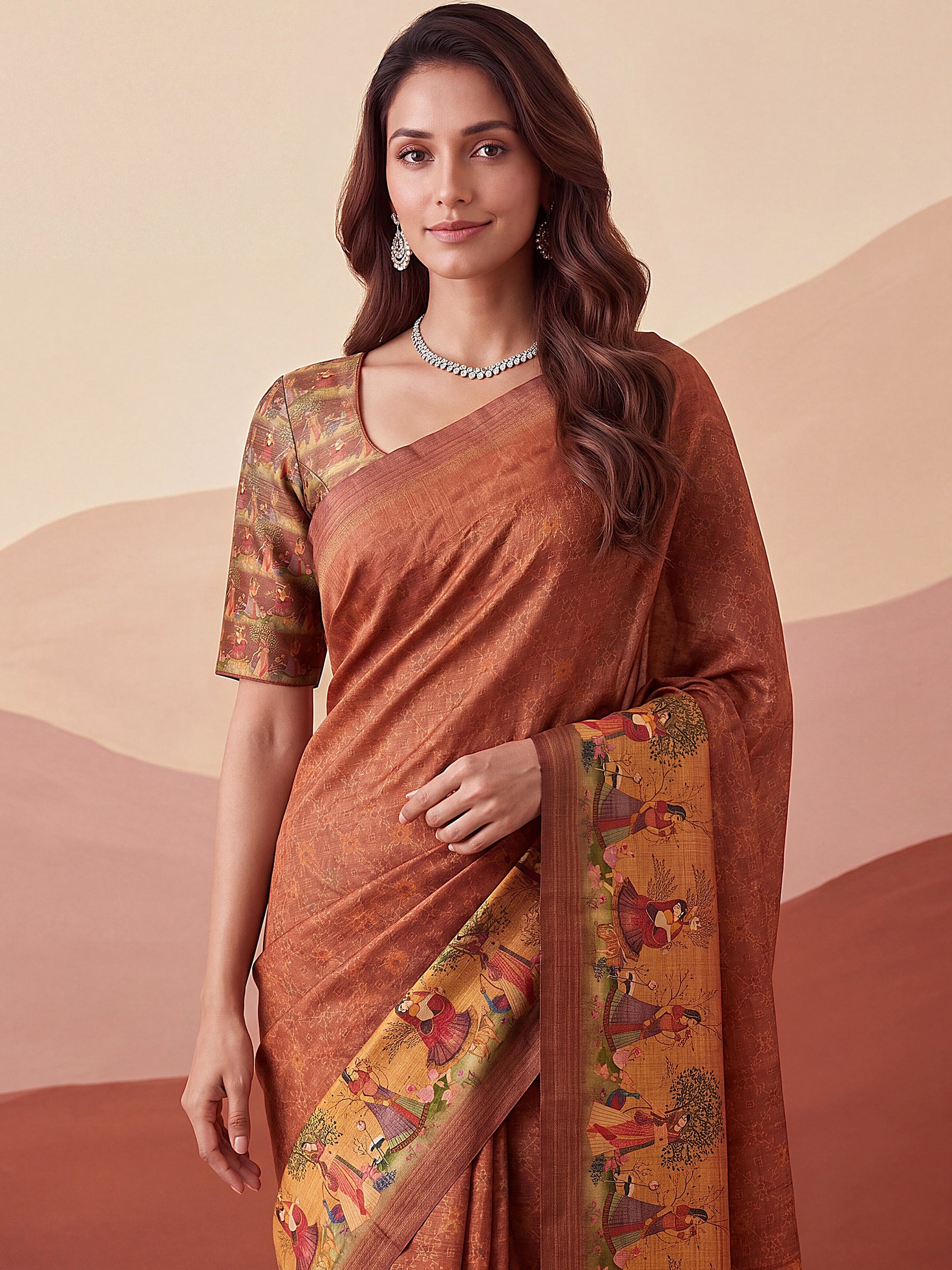 Glamorous Rust Brown Printed Silk Office  Wear Saree With Blouse