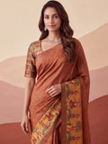 Glamorous Rust Brown Printed Silk Office  Wear Saree With Blouse