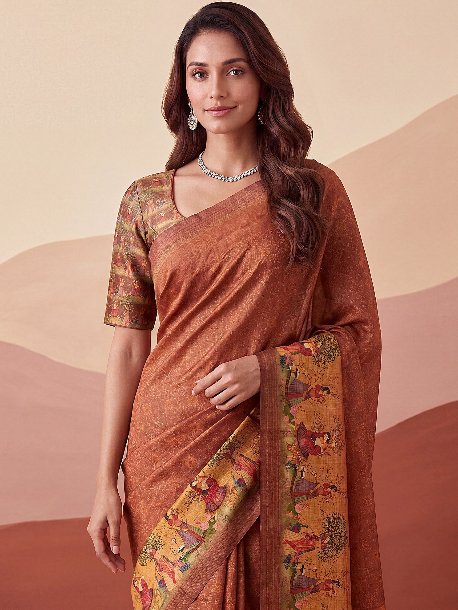 Glamorous Rust Brown Printed Silk Office  Wear Saree With Blouse