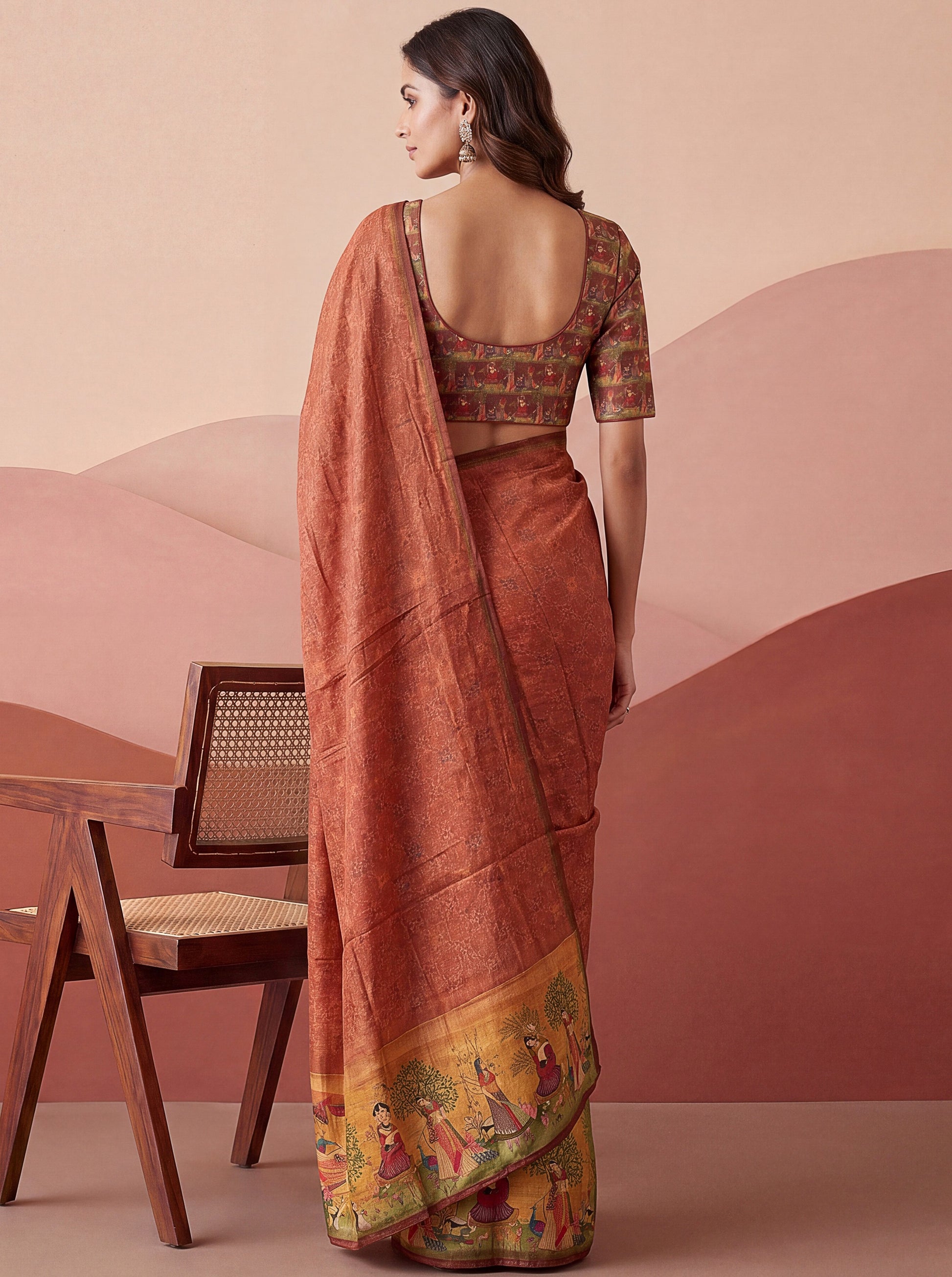 Glamorous Rust Brown Printed Silk Office  Wear Saree With Blouse