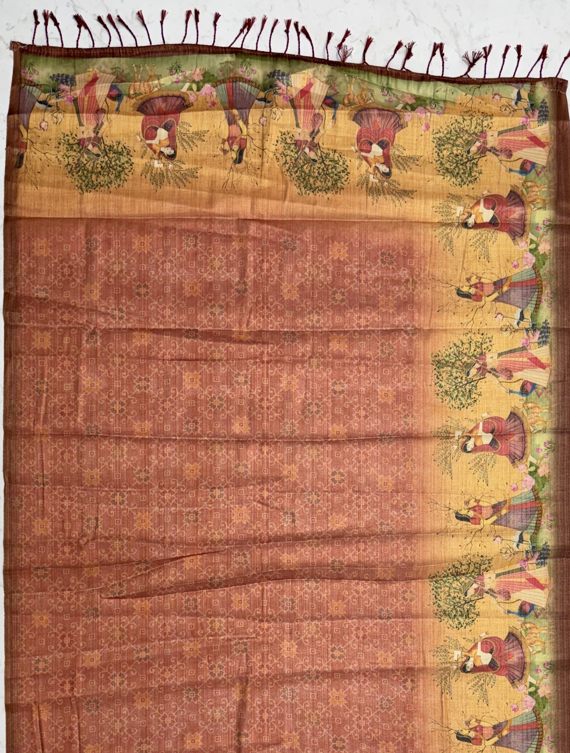 Glamorous Rust Brown Printed Silk Office  Wear Saree With Blouse