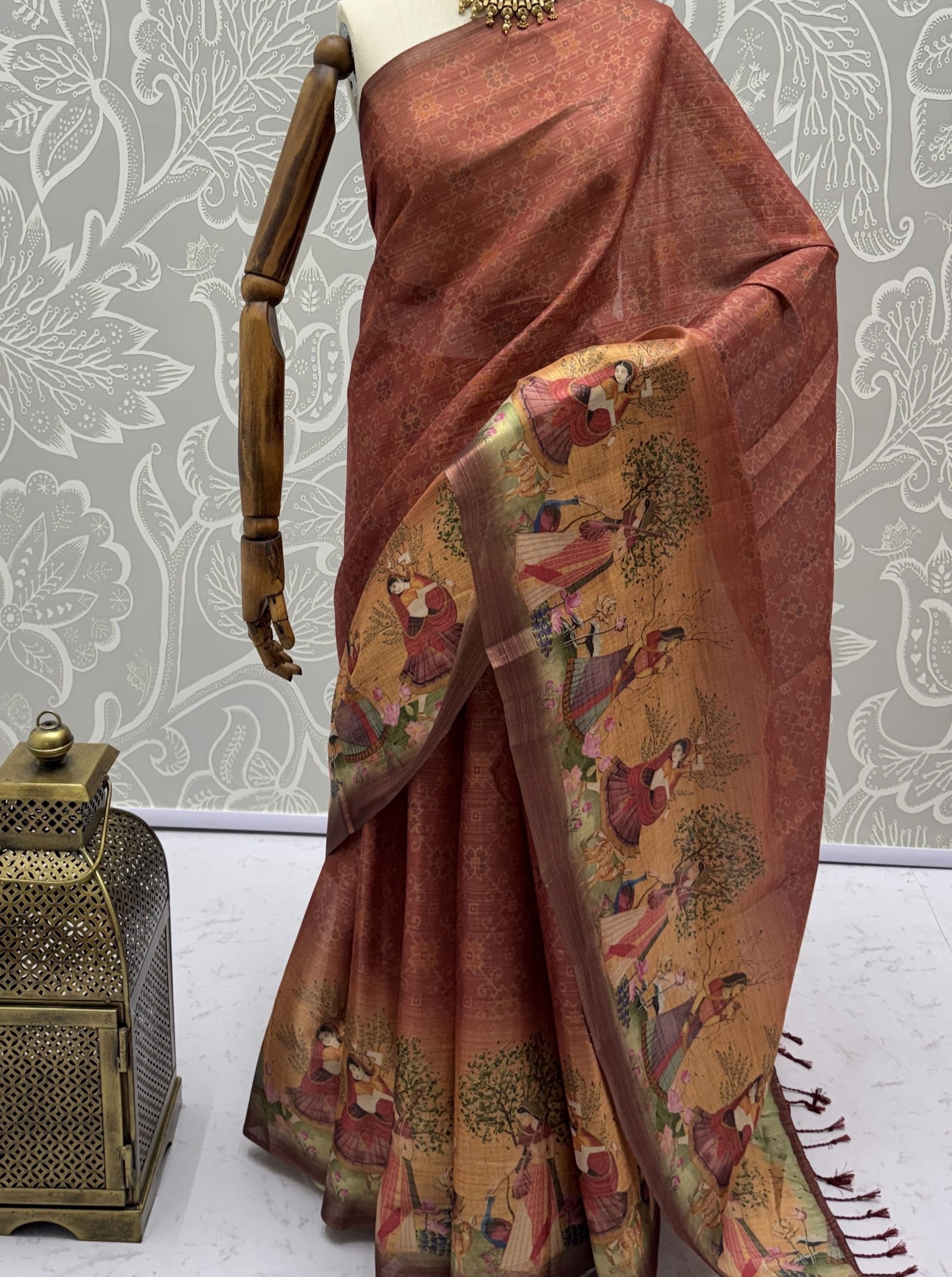 Glamorous Rust Brown Printed Silk Office  Wear Saree With Blouse