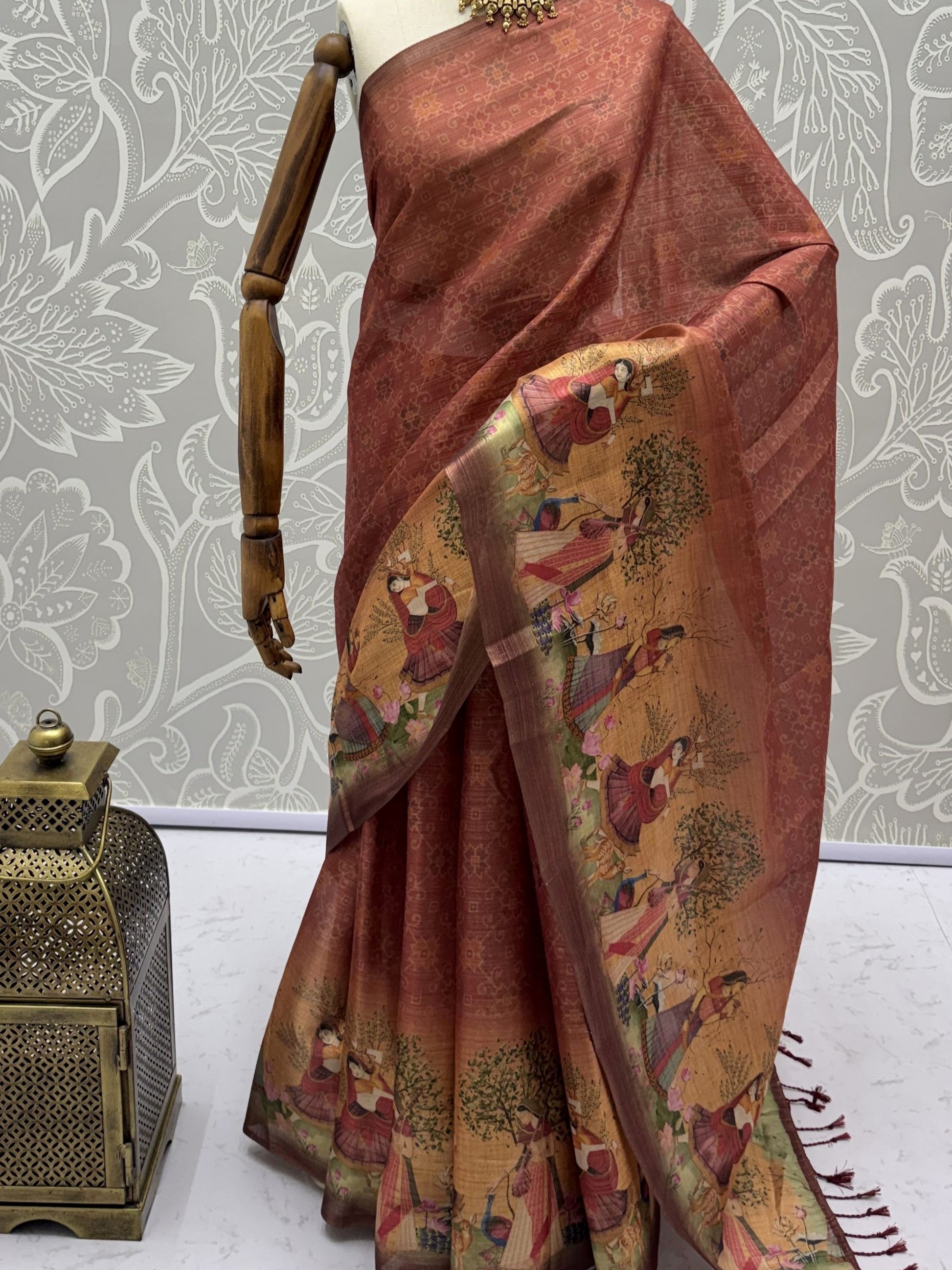Glamorous Rust Brown Printed Silk Office  Wear Saree With Blouse