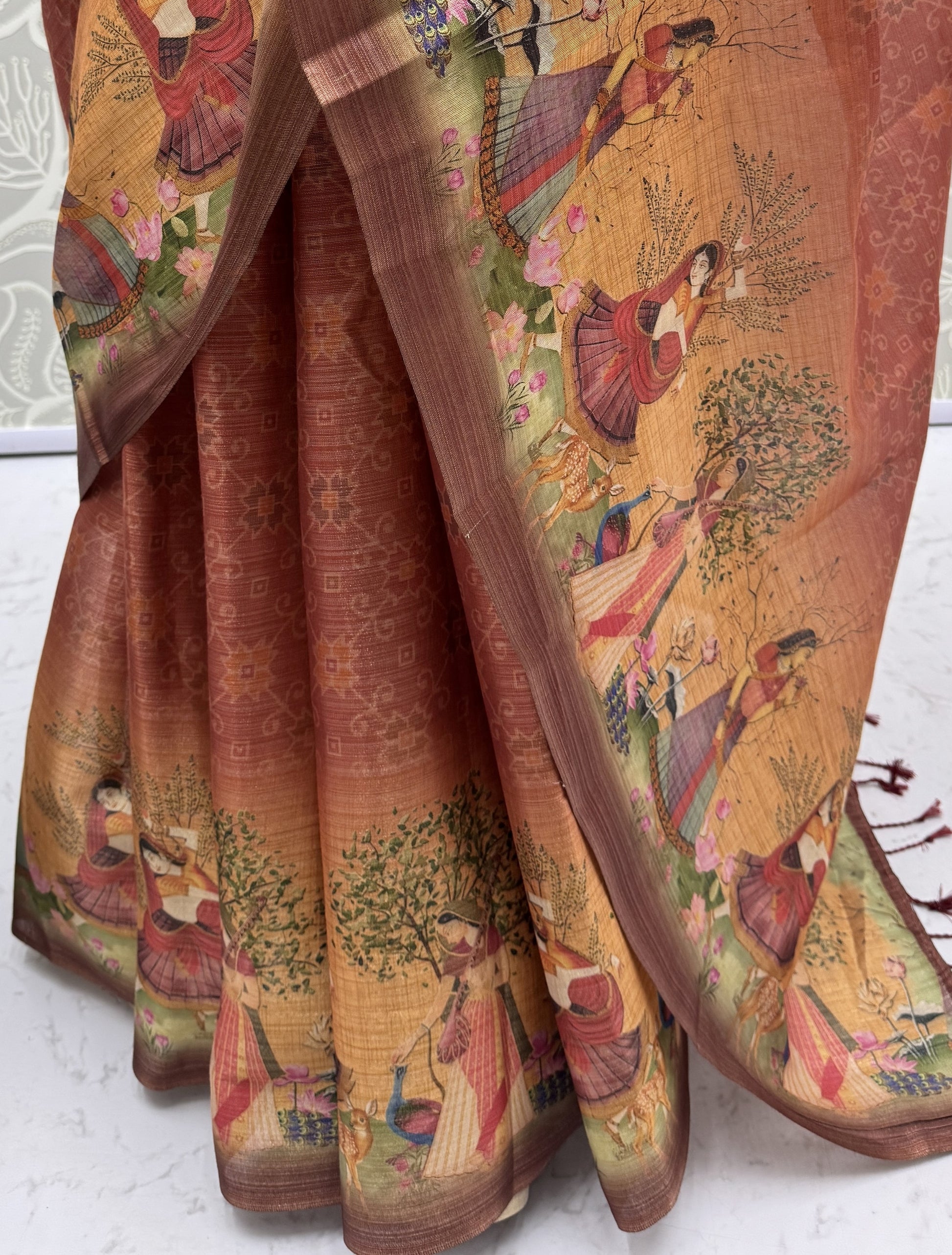 Glamorous Rust Brown Printed Silk Office  Wear Saree With Blouse