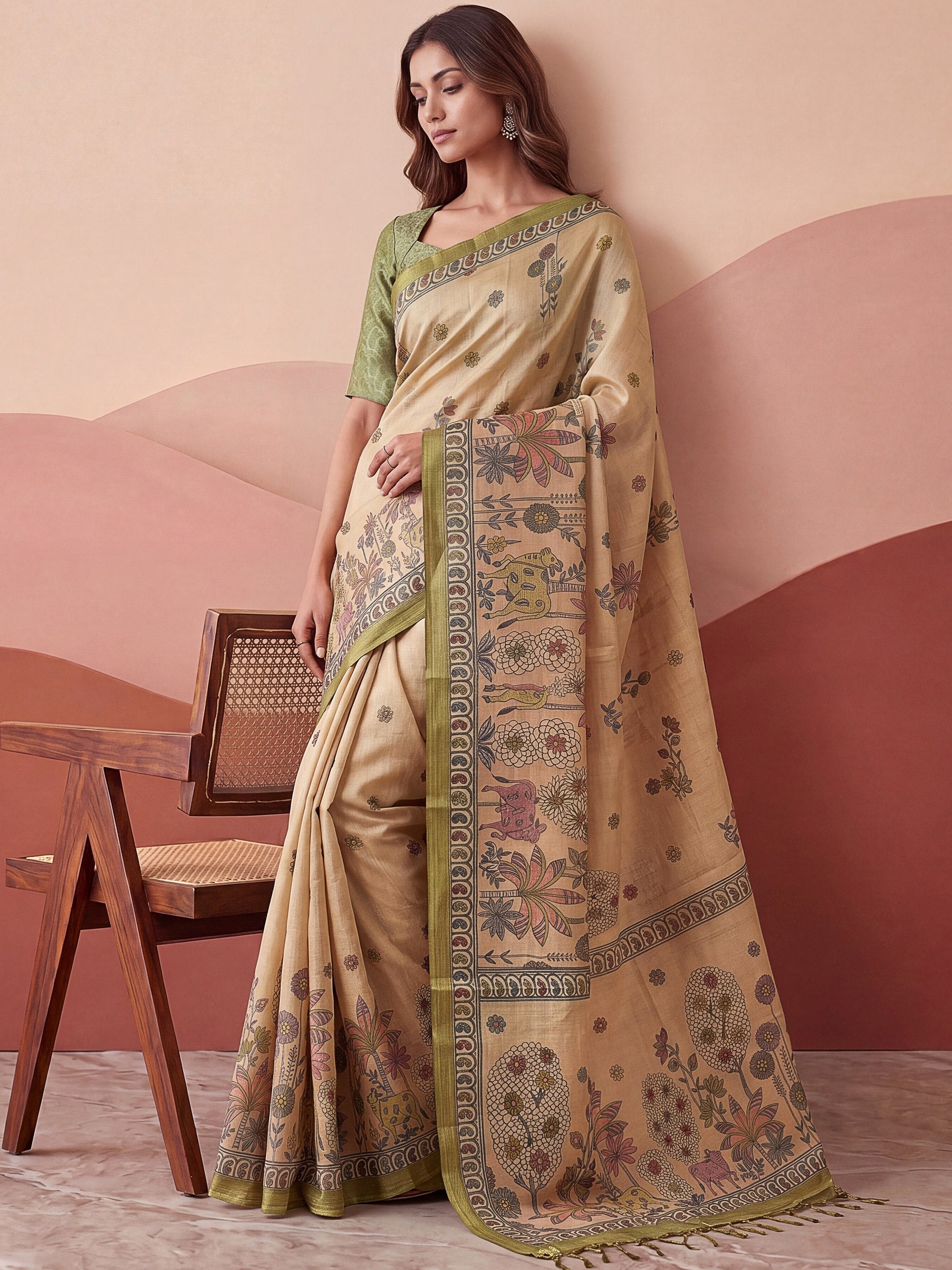 Fabulous Beige Dori Work Silk Festival Wear Saree With Blouse