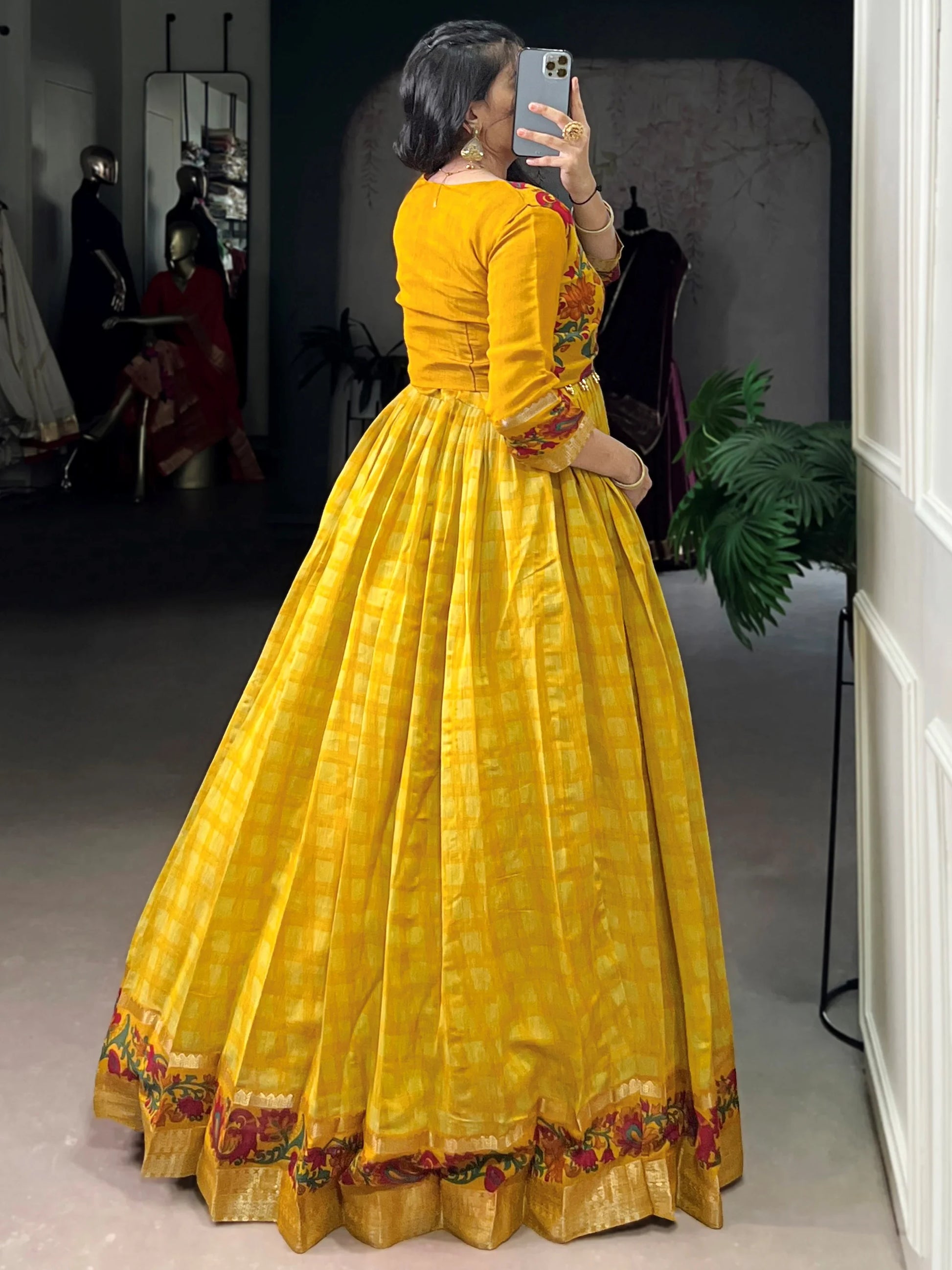 Fashionable Yellow Zari Weaving Chanderi Festival Wear Gown With Koti