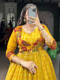 Fashionable Yellow Zari Weaving Chanderi Festival Wear Gown With Koti
