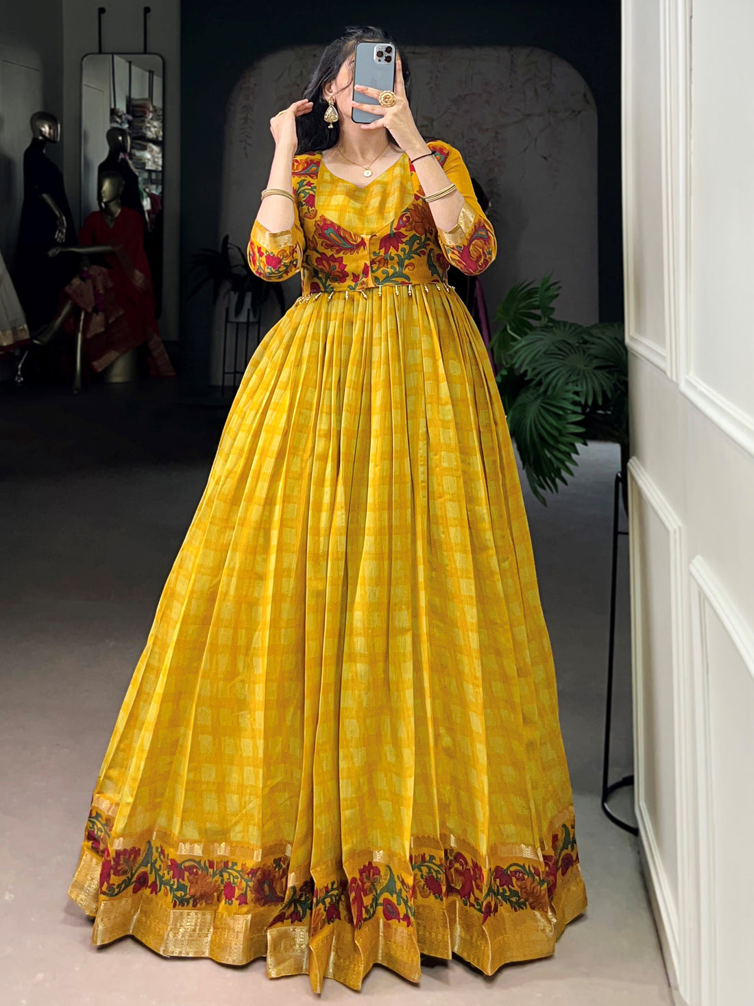 Fashionable Yellow Zari Weaving Chanderi Festival Wear Gown With Koti