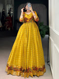 Fashionable Yellow Zari Weaving Chanderi Festival Wear Gown With Koti