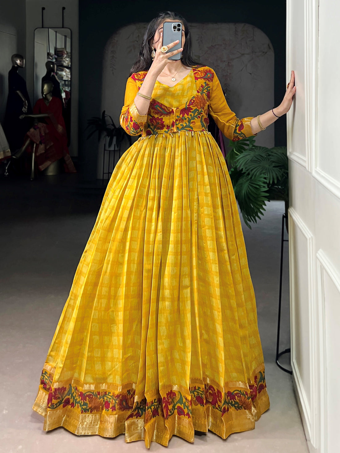 Fashionable Yellow Zari Weaving Chanderi Festival Wear Gown With Koti