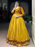 Fashionable Yellow Zari Weaving Chanderi Festival Wear Gown With Koti