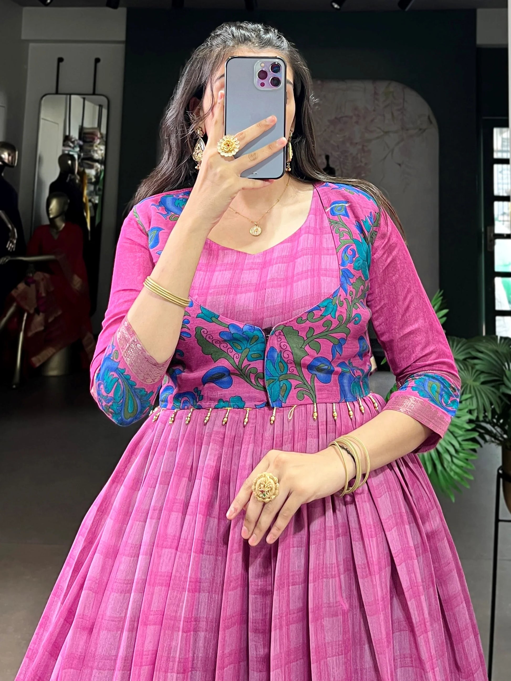 Captivating Pink Printed Chanderi Function Wear Gown With Koti