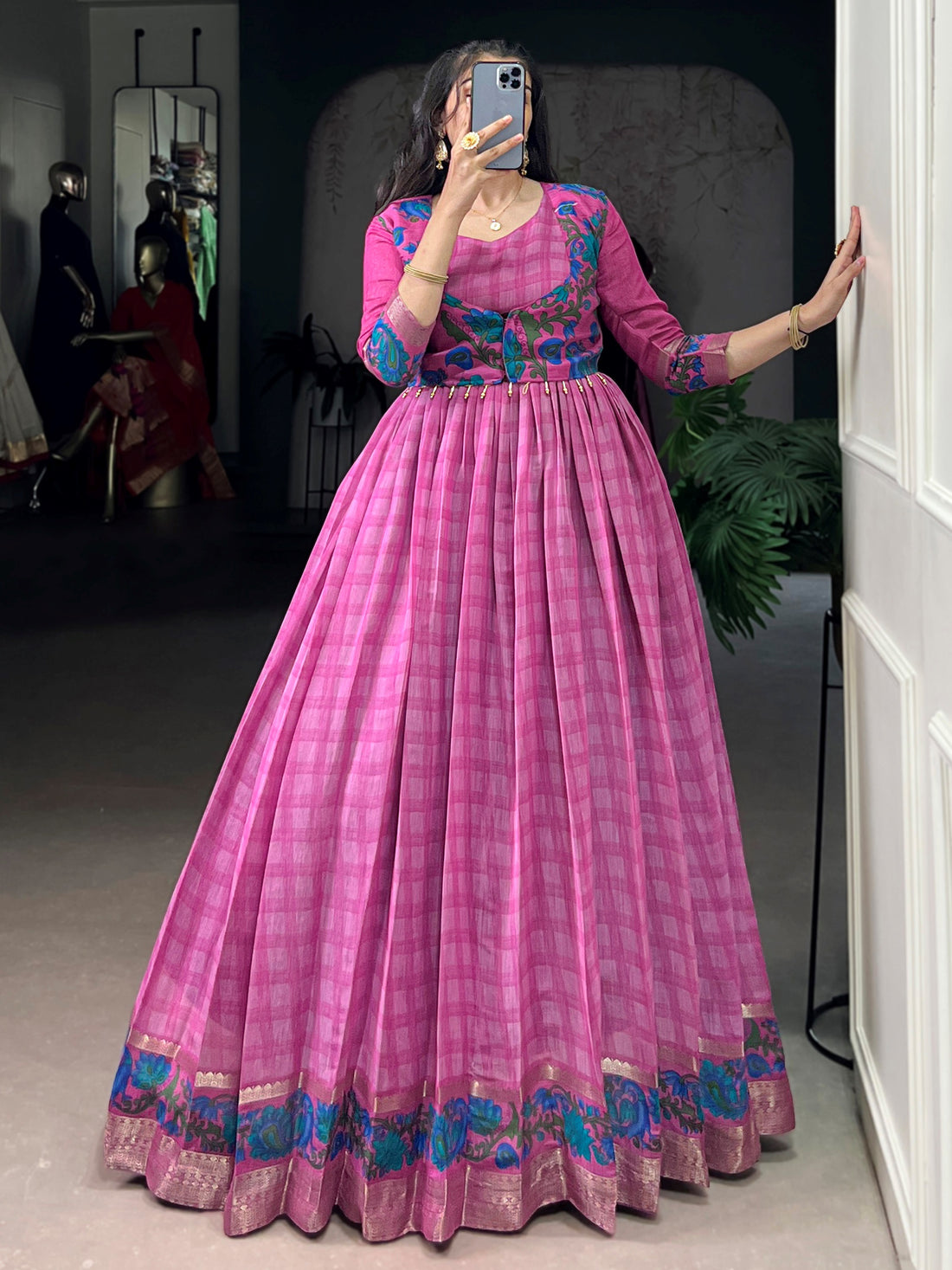 Captivating Pink Printed Chanderi Function Wear Gown With Koti