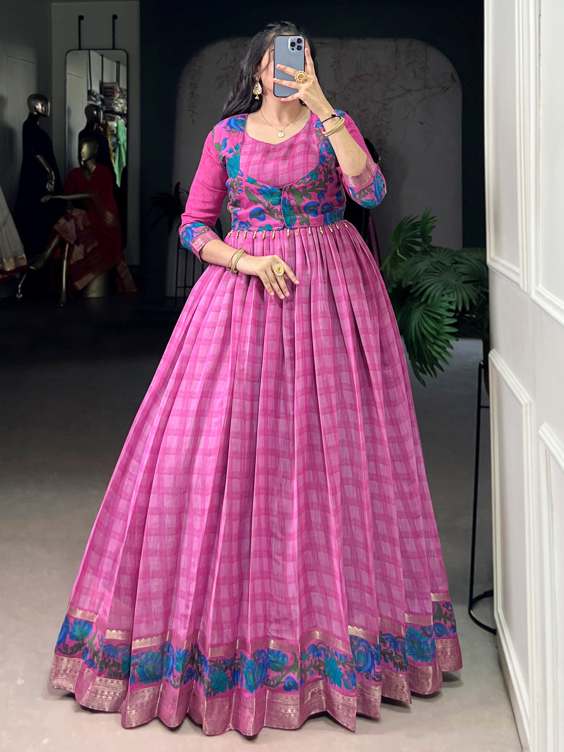 Captivating Pink Printed Chanderi Function Wear Gown With Koti