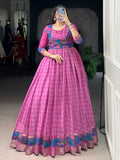 Captivating Pink Printed Chanderi Function Wear Gown With Koti
