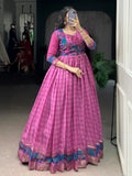 Captivating Pink Printed Chanderi Function Wear Gown With Koti
