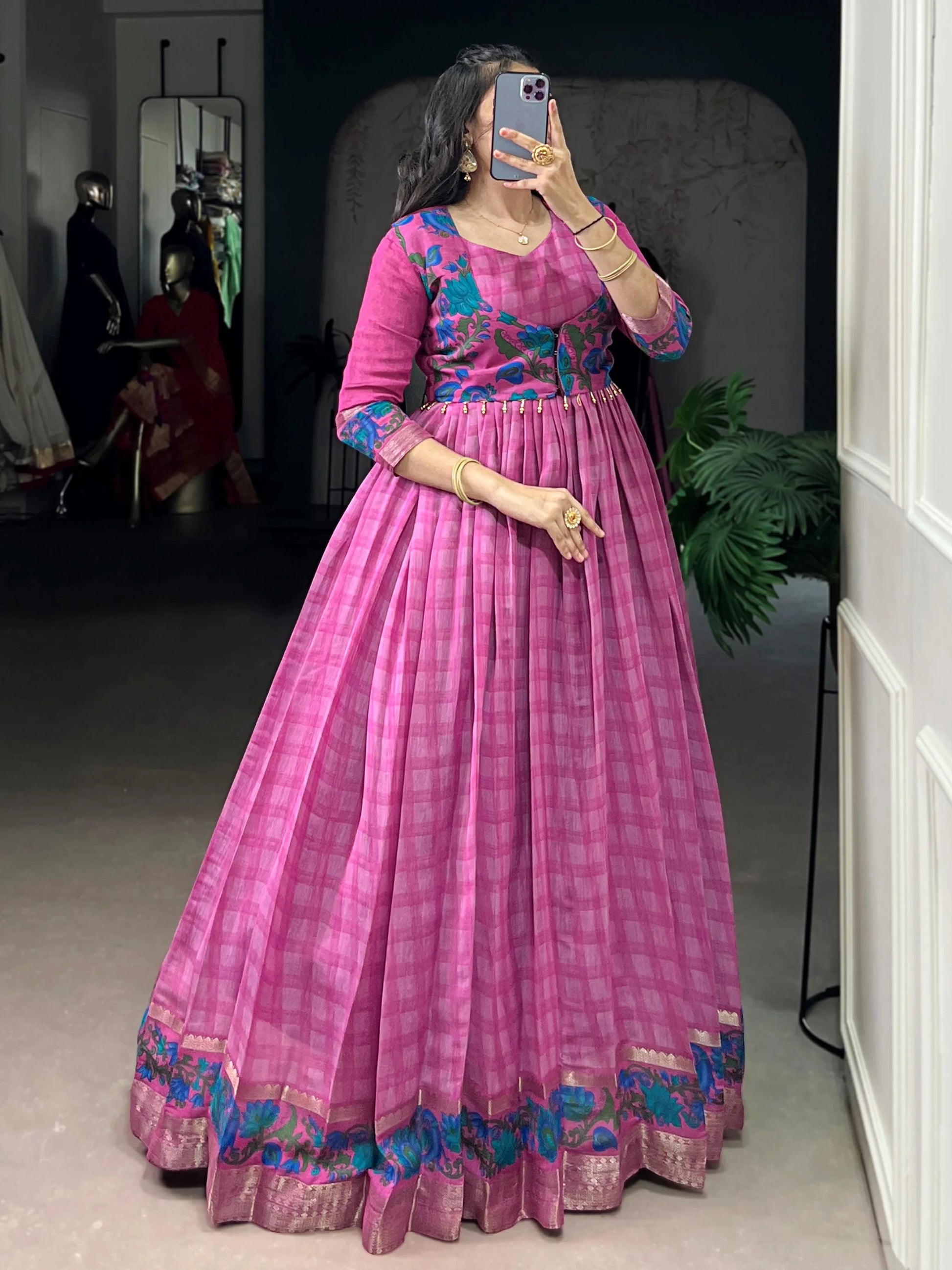 Captivating Pink Printed Chanderi Function Wear Gown With Koti