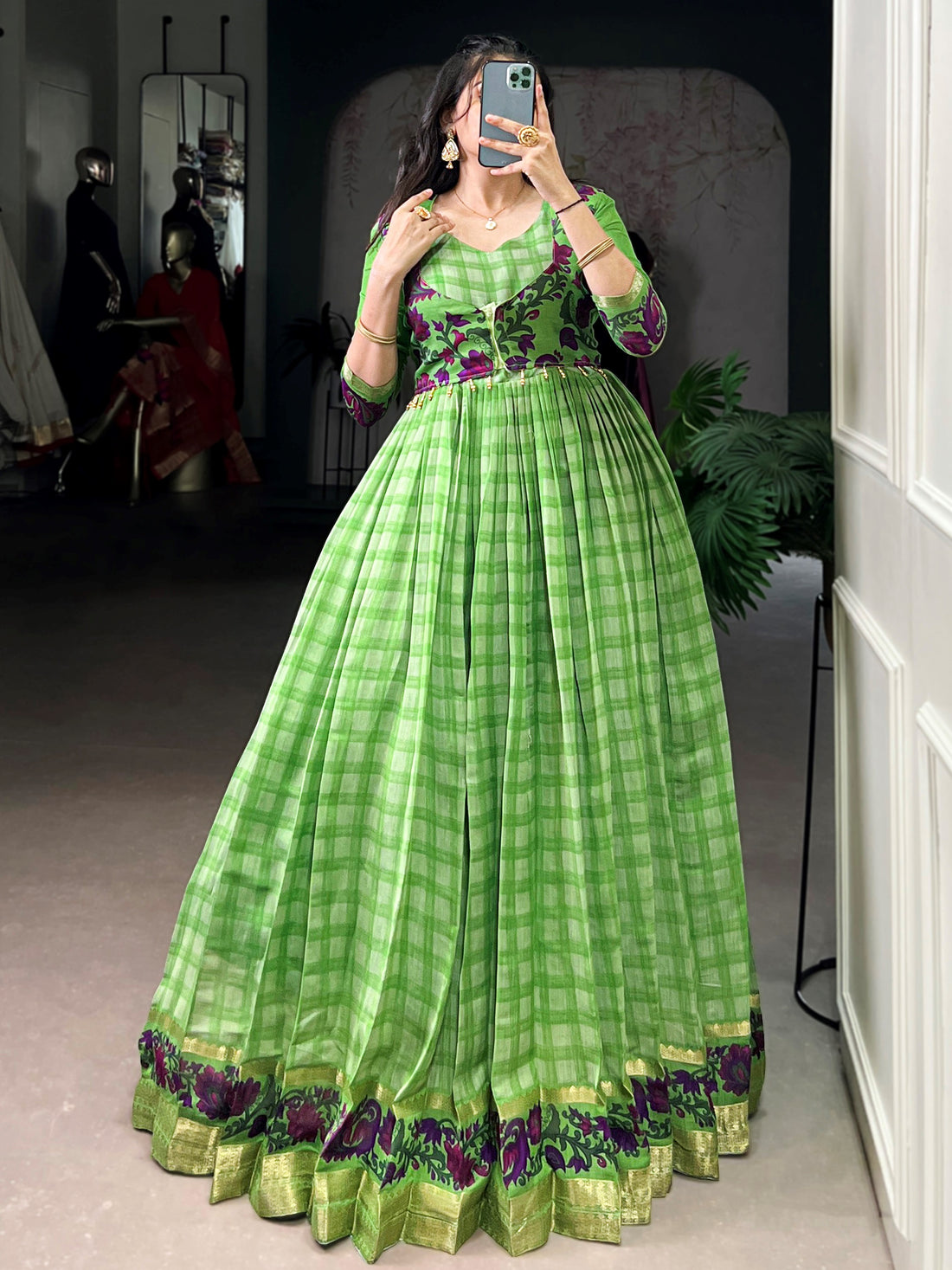 Gorgeous Green Zari Weaving Chanderi Event Wear Gown With Koti