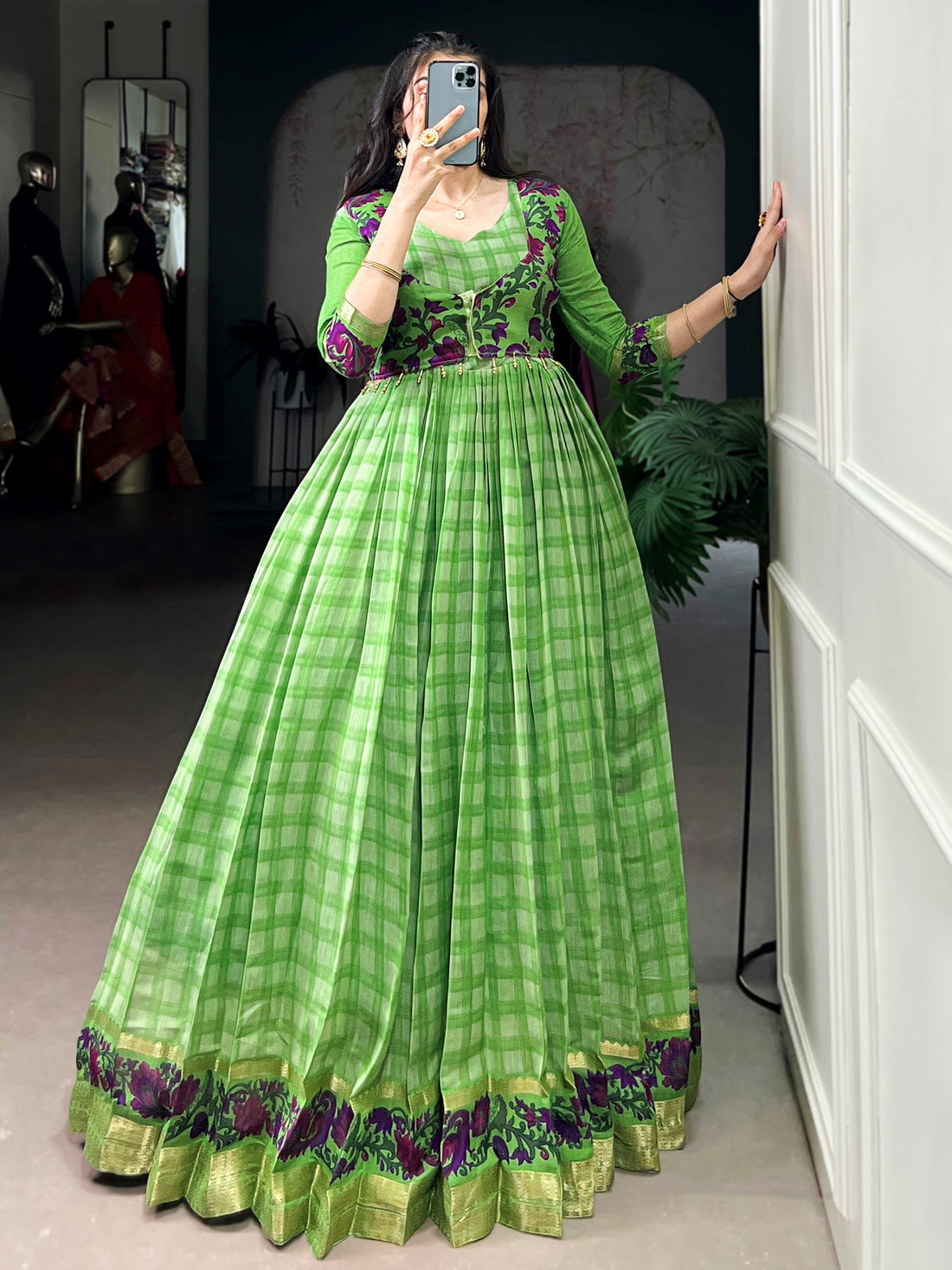 Gorgeous Green Zari Weaving Chanderi Event Wear Gown With Koti