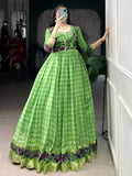 Gorgeous Green Zari Weaving Chanderi Event Wear Gown With Koti