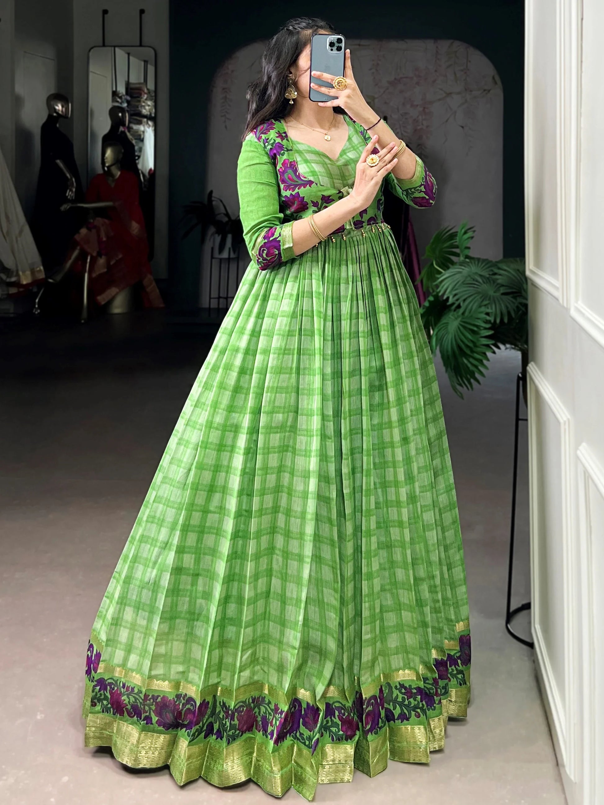 Gorgeous Green Zari Weaving Chanderi Event Wear Gown With Koti