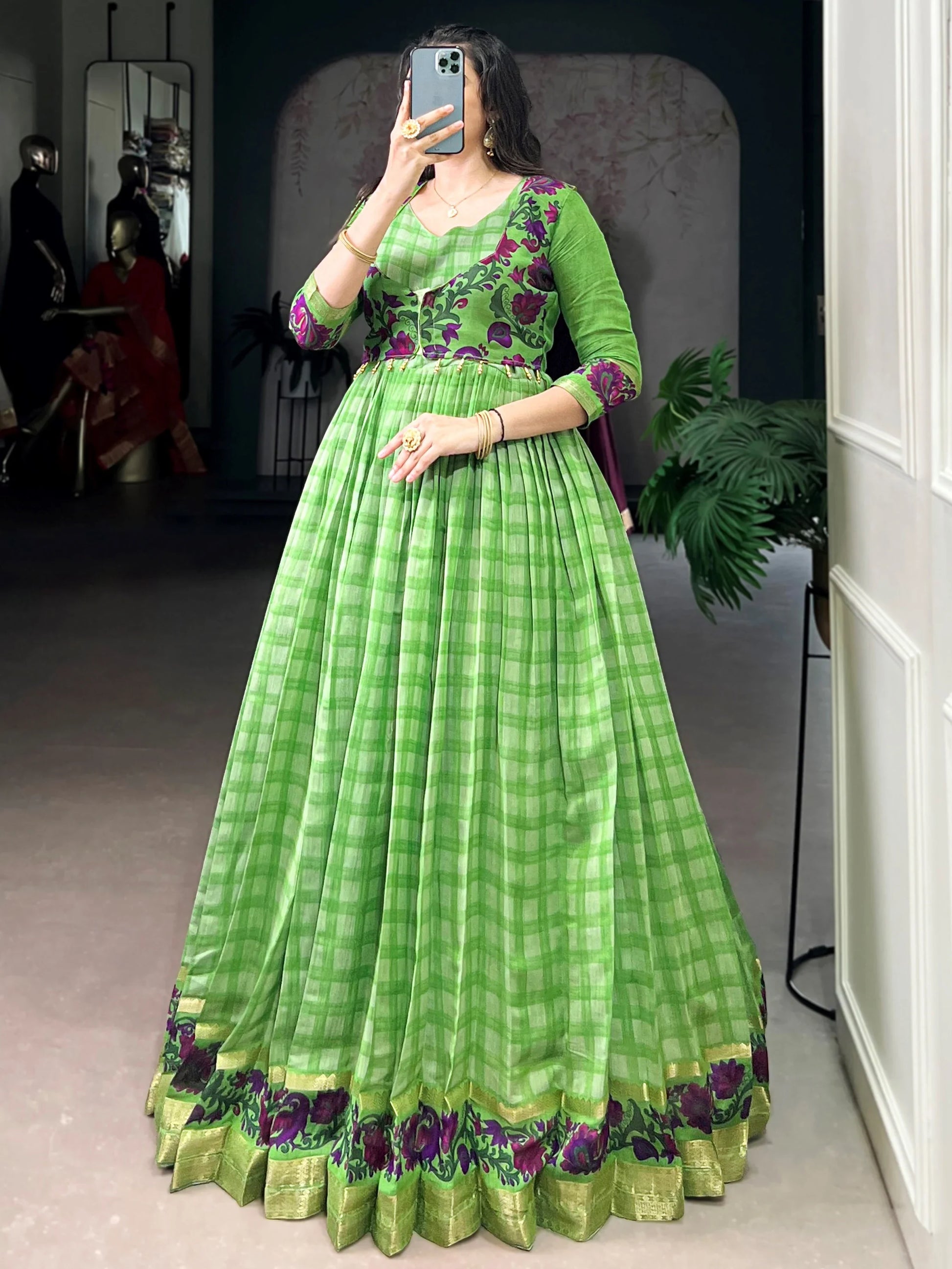 Gorgeous Green Zari Weaving Chanderi Event Wear Gown With Koti