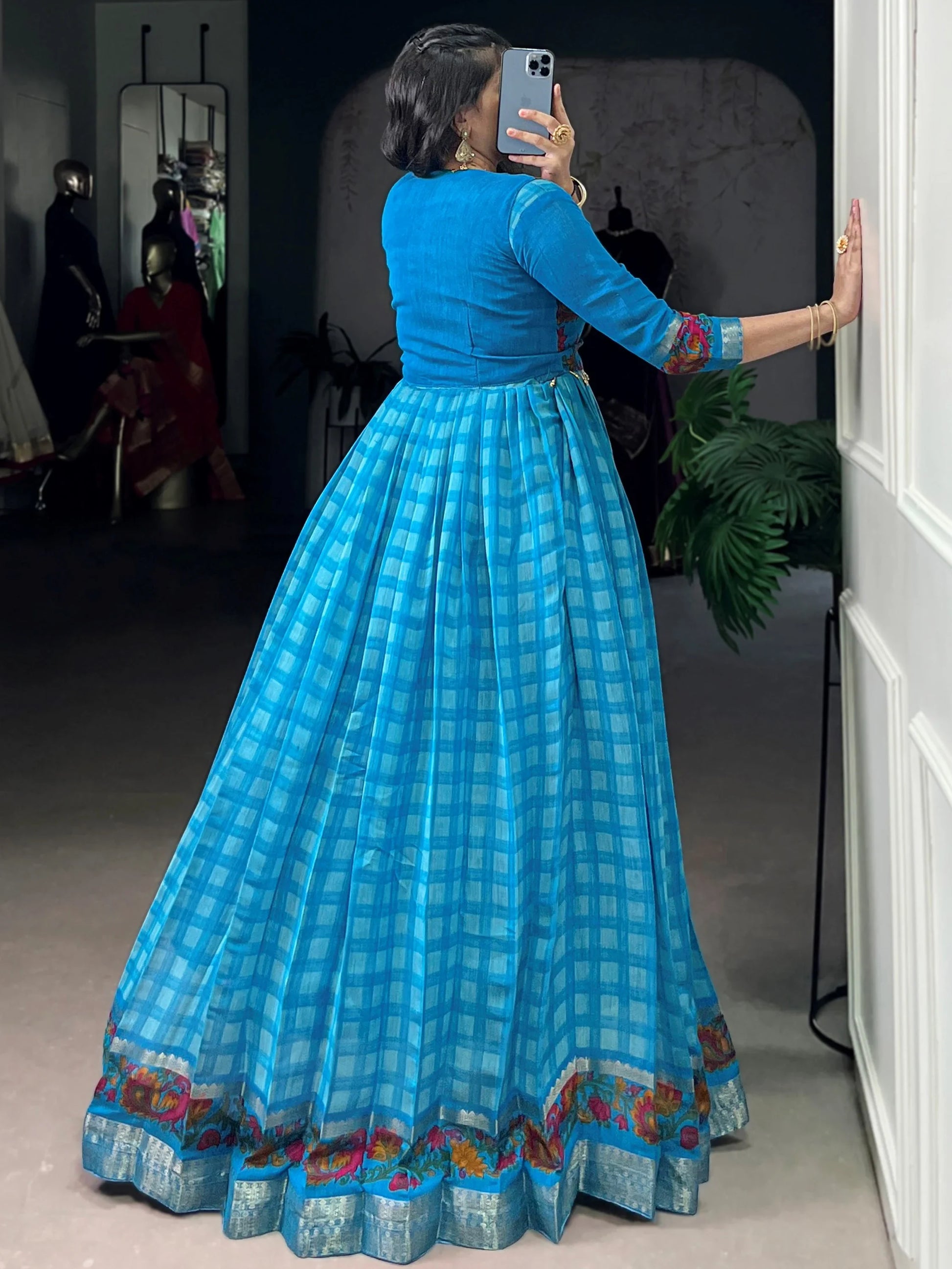 Awesome Sky Blue Printed Chanderi Festival Wear Gown With Koti