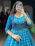 Awesome Sky Blue Printed Chanderi Festival Wear Gown With Koti