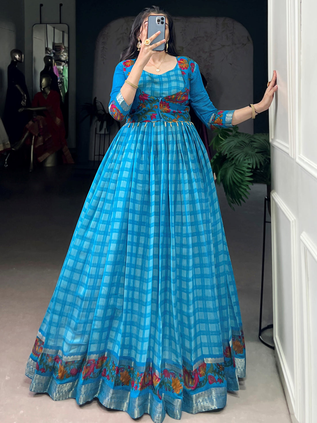 Awesome Sky Blue Printed Chanderi Festival Wear Gown With Koti